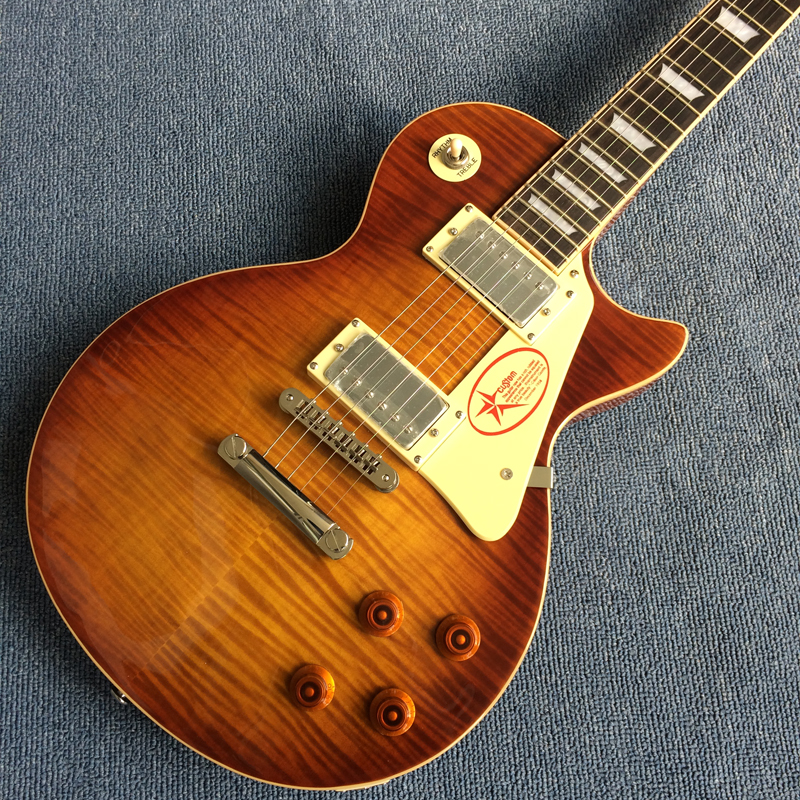 

one piece Neck one piece body electric guitar in sunburst ,Upgrade Tune-o-Matic bridge guitar Tiger Flame guitar Smoke colour170919