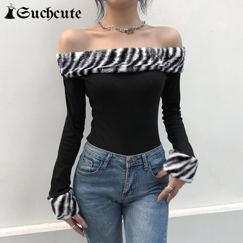

Women's Jumpsuits & Rompers Sexy Slash Neck Bodycon Bodysuits For Women Zebra Pattern Fur Trim Skinny Autumn Long Sleeve Sheer Bod, Black