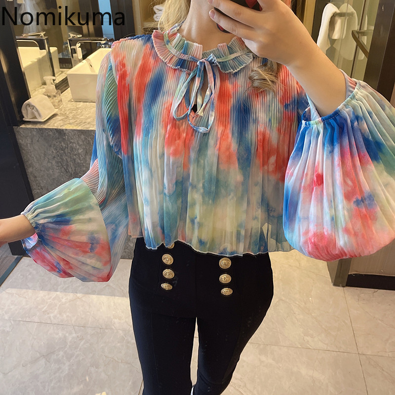 Nomikuma Korean Gradient Color Blouse Shirt Causal Puff Sleeve Bow Tie O-neck Blusas Spring Short Women Tops New 6E432 210427