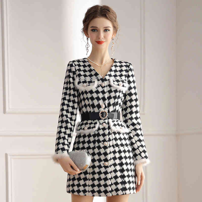 

Women' Wool & Blends Zhili rabbit Plaid tweed coat small woman thickened medium and long temperament in winter CNNL, Black-and-white checked