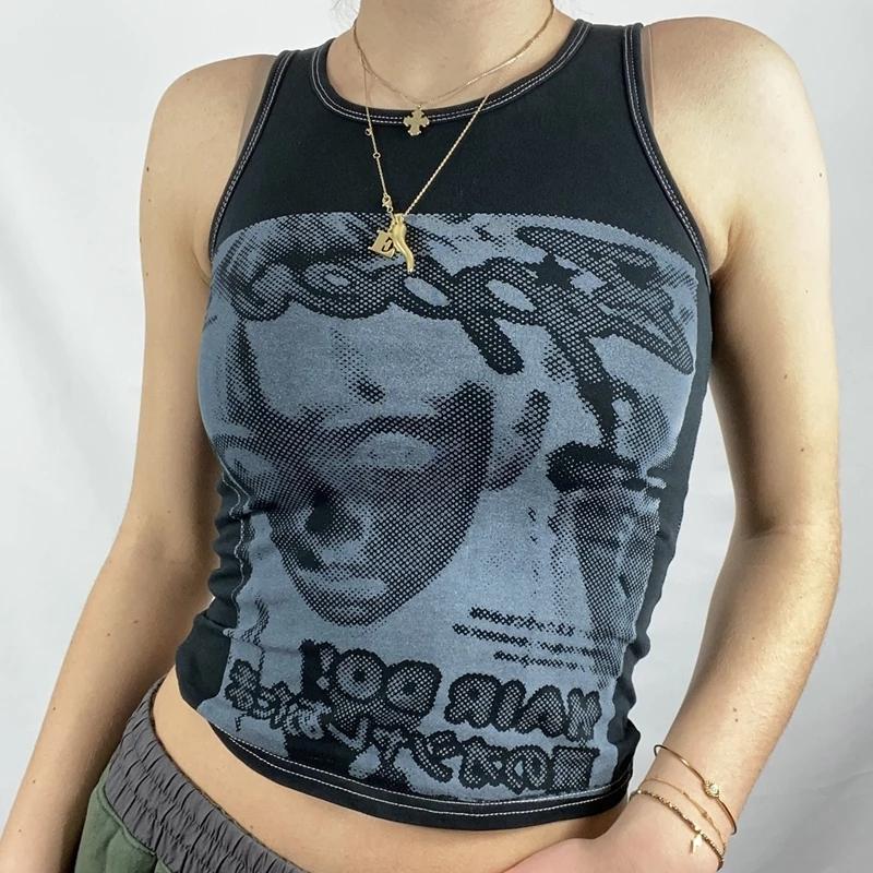 

Women' T-Shirt Vintage Sleeveless Tank Top E-girl Face Graphic Printed Sweat Vest Y2K Aesthetic Harajuku Streetwear Women Slim Fit Crop, Black