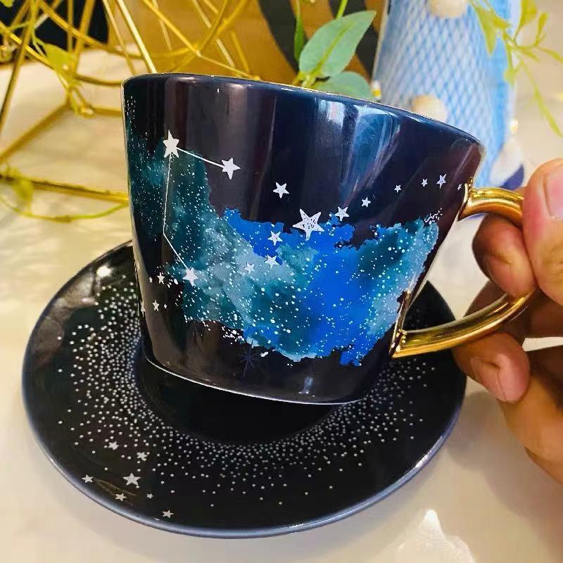 

Mugs Star Cup And Dish Combination Blue Elegant Coffee Tableware Set Stir Bar Desktop Ceramic Water Mug, Black