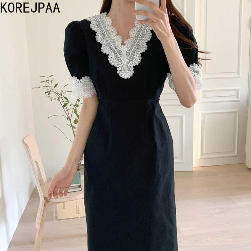 

Korejpaa Women Dress Korean Chic Simple Elegant V-neck Lace Hit-and-match Tie with Waist-high Bubble Sleeve Vestido 210526, Apricot