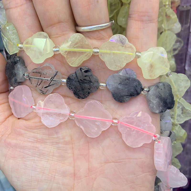

Other Natural Black Rutilated Lemon Rose Quartz Beads 15'' Fore Leaf Clover DIY Loose For Jewelry Making Necklace Earring