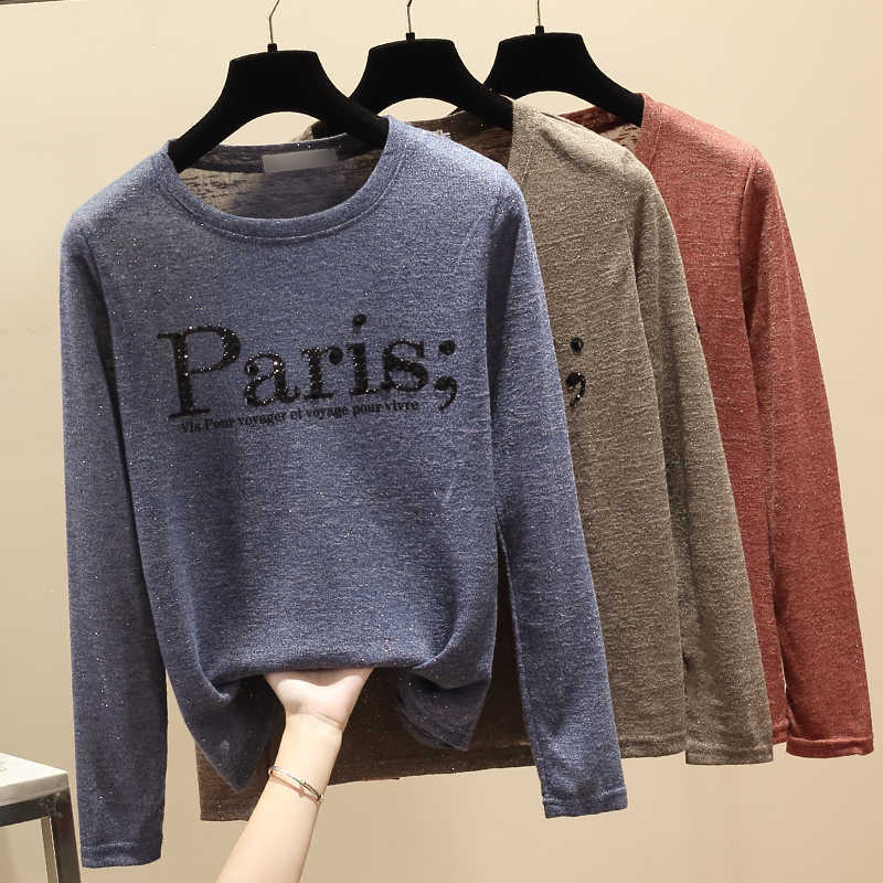 

Harajuku Korean Women's Tshirt Long Sleeve Tops Casual Diamond Letter Thin T Shirts Sexy O-Neck Autumn Tee Shirt Femme 210604, Blue