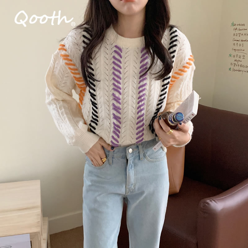 

Qooth CHIC Winter Spring Women Casual Sweater Full Sleeve Pullovers Patchwork Hollow Out Knitted Loose Jumper QT266 210518, White