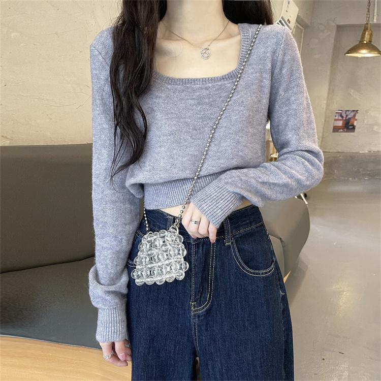

Women's Sweaters Autumn Clothing Design Sense Square Collar Long Sleeve T-shirt Knitted Bottoming Shirt For Women High Waist Crop.Kio, Black