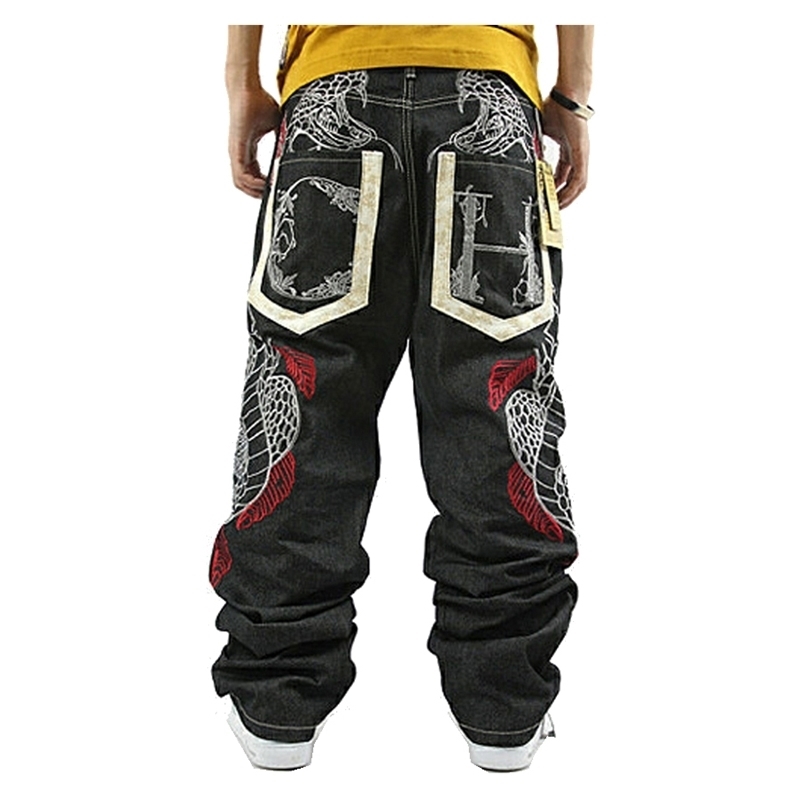 

Fashion Printed Jeans Loose Hip Hop Homme Python Embroidery Hip-hop Denim Harem Pants Overalls Men Straight 211108, Black
