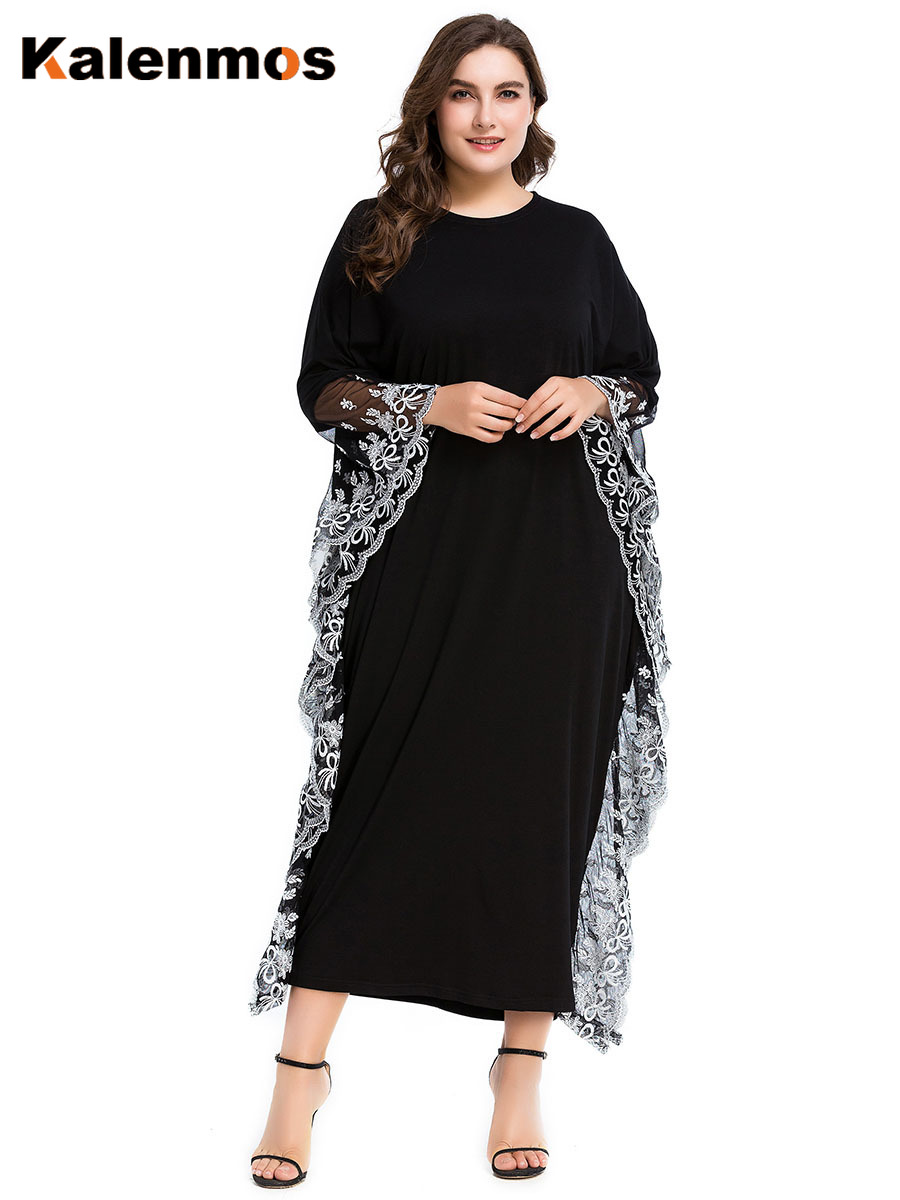 

KALENMOS Plus Size Women Abaya Dress Muslim Islamic Bat Sleeve Gowns Female Ramadan Eid Lace Patchwork Large Size Ropa Robes