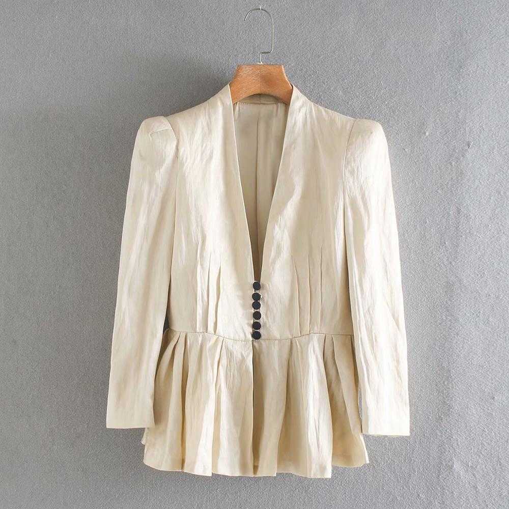

women elegant deep v neck waist pleats solid leisure blazer lady chic long sleeve ruffles causal stylish outwear tops CT388 210603, As pic ct388ww