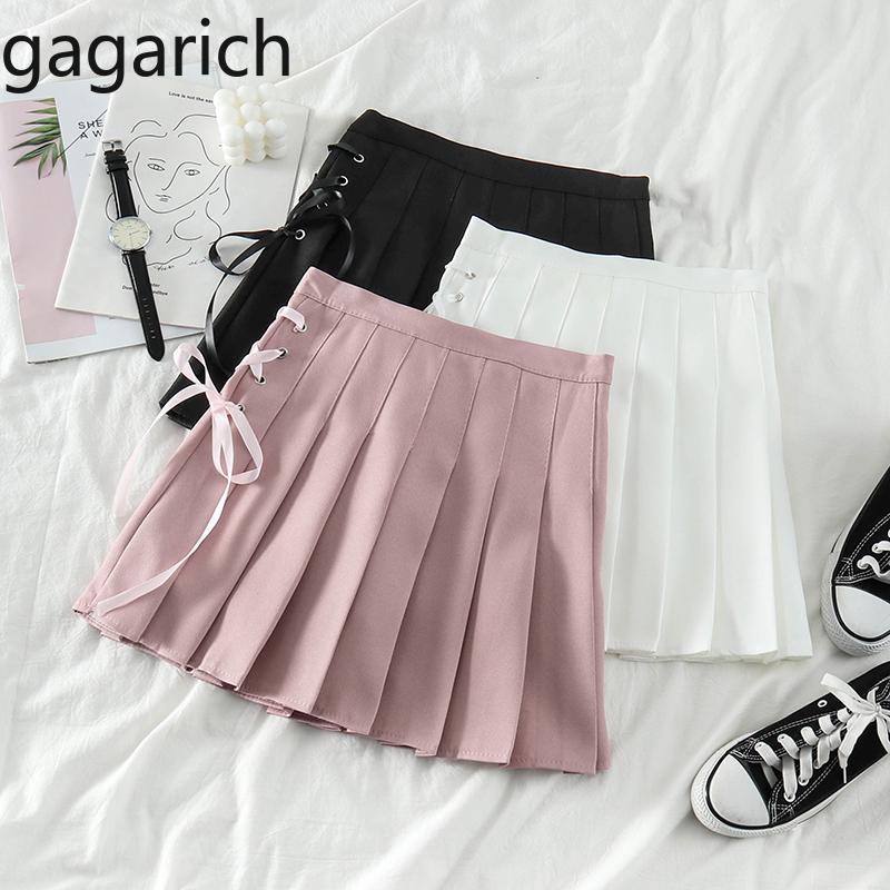 

Skirts Gagarich Women Sweet Pleated 2021 Spring High Waist Lace Up Bow A Line Jupe Femme Fairy Solid Mini Short Skirt Casual, Black