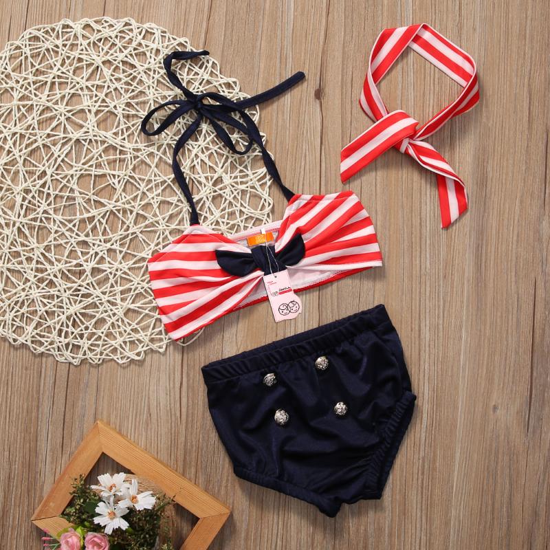 

Summer Kid Baby Girls Sleeveless Halter Bandage Striped Top High Waist Button Shorts Swimsuit Swimwear Bathing Suit Headband One-Piece Suits