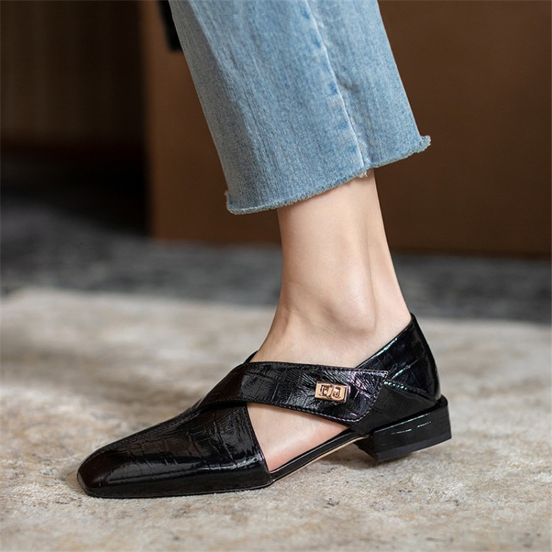 

Sandals Genuine Leather spring female pumps hollow fashion small leather shoes heels down toe square foot buckle solid color N4NC, 1# shoe box
