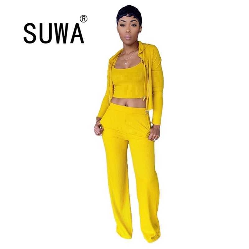 

Fashion Solid Three Pieces Women Sets Spaghetti Strap Vest + Hooded Collar Long Sleeve Coat Wide Floor Length Pants Tracksuits 210525, Green