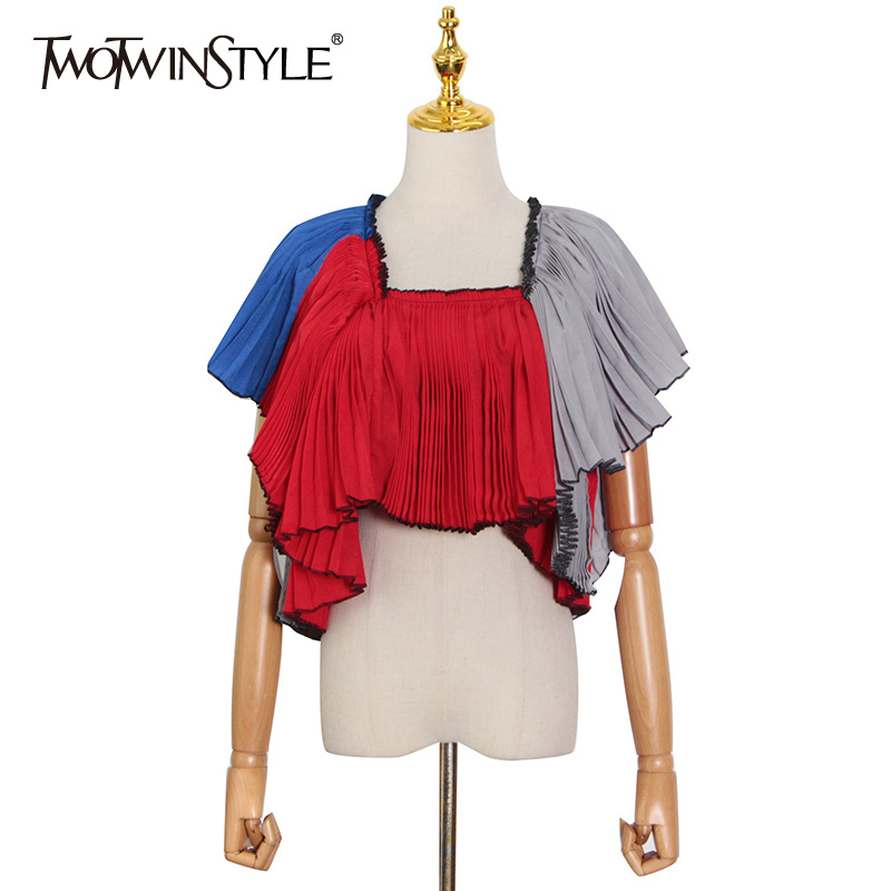 

Casual Hit Color Shirt For Women Square Collar Short Sleeve Patchwork Backless Shirts Female Summer Fashion 210524, Gray