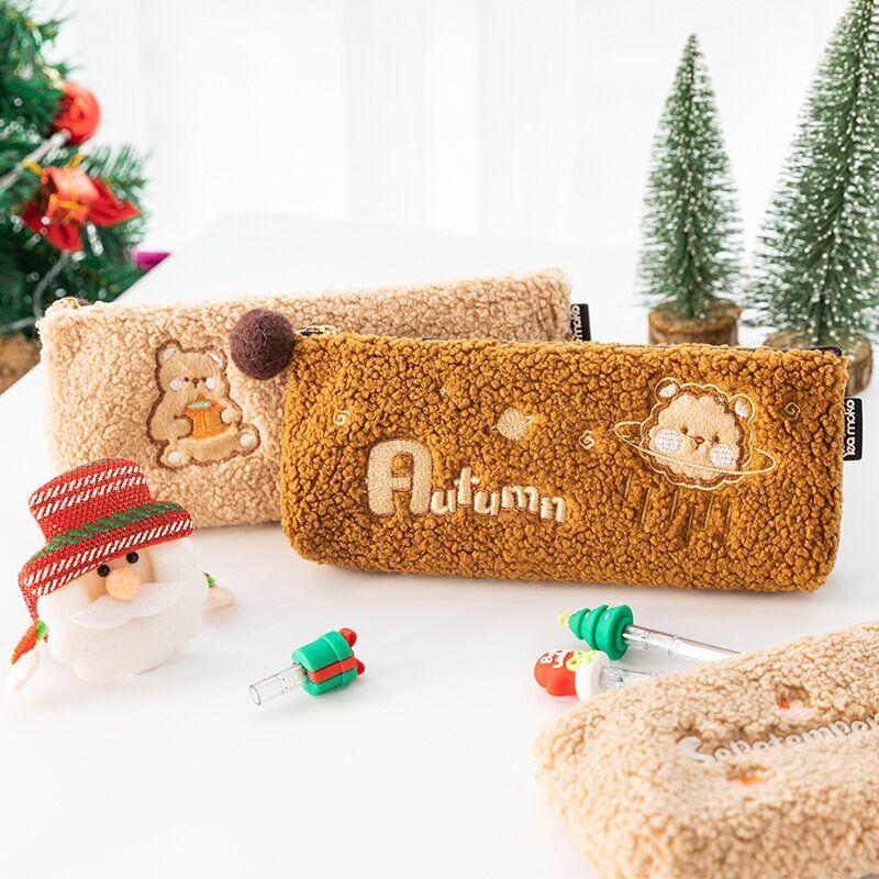

Cute Bear Embroidery Plush Pencil Case Large Capacity Student School Stationery Pouch Kawaii Pen Box Girls Cosmetic Cases Holder Bags