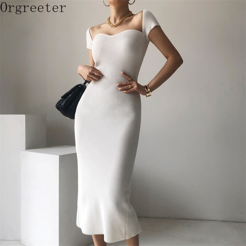 

Elegant Slim White Knitting Women Dress Sexy Square collar Strapless Short Sleeve High waist Thin Black Sweater for 210602