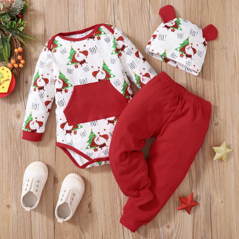 

Clothing Sets 3pcs Christmas Baby Girls Boys Santa Claus Printed Bodysuits +Pants +Hat Costume Children's Suit 0-18 Months, White