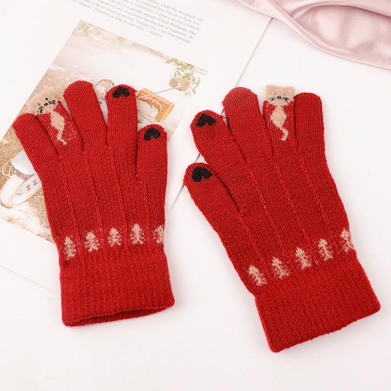 

Five Fingers Gloves Winter Women Red Cashmere Knitted Year Gifts Hand Warmer Thicken Lining Full Fingered Mittens Skiing Wrist