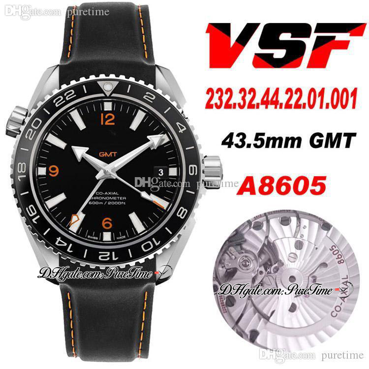 

VSF V2 Diver 600M GMT 43.5mm A8605 Automatic Mens Watch Ceramics Bezel Black Dial Silver Markers Rubber Strap Orange Line 232.32.44.22.01.001Super Edition Puretime 02B2, Customized waterproof service