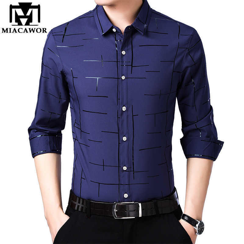 

MIACAWOR Spring Long Sleeve Casual Shirts Men Slim Fit Camisa Masculina Fashion Print Dress Shirt Plus Size C572 210629, Purple