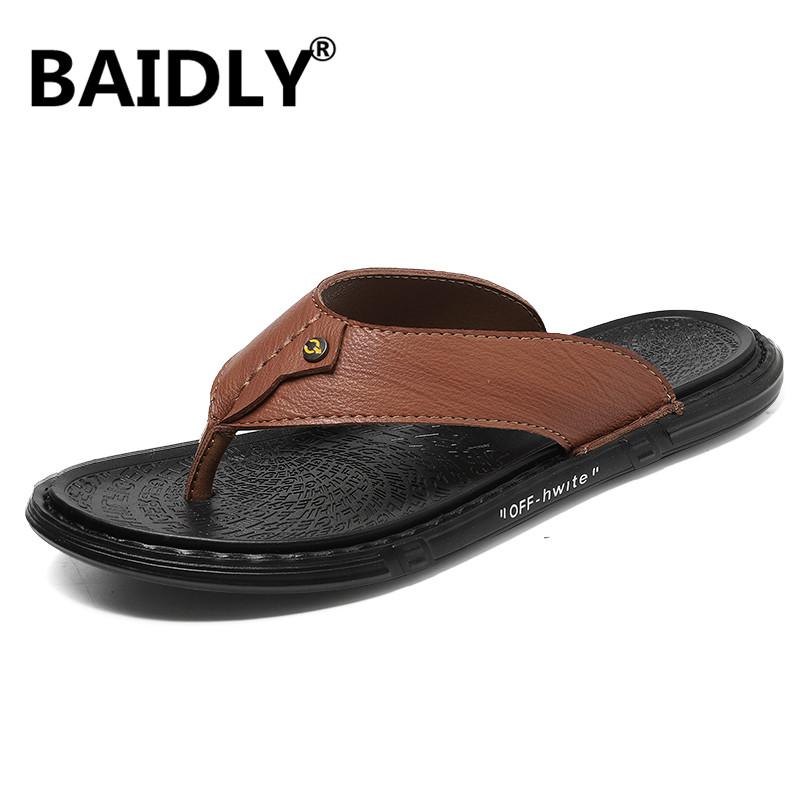 

Slippers Summer Shoes Men Genuine Leather Beach Mens Flip Flop Sandals Male Flops, Black