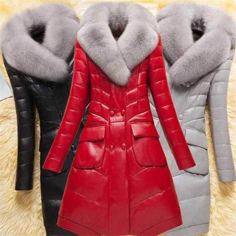 

Women Leather Coat Mid-Long Big Fur Collar Fashion Down Cotton Jacket Winter Large Size Thicken Warm Windbreaker Hainingpi A1085, Black