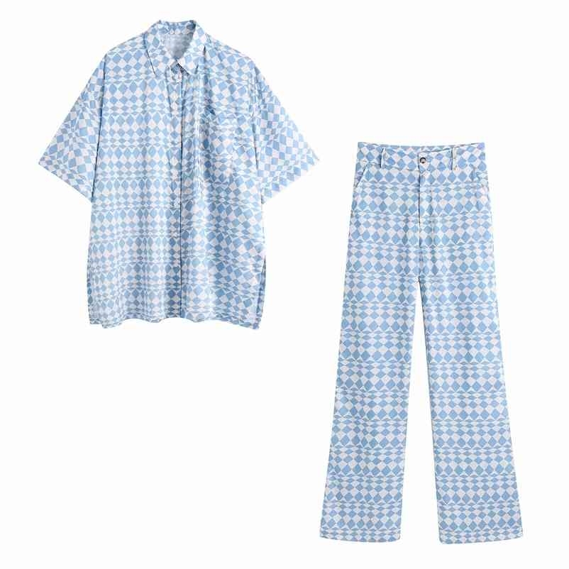 

Women 2 Piece Set Geometric Printed Loose Shirt and Trousers Oversized Blouse Woman Pajama style Sets Outfits 210517, Pants