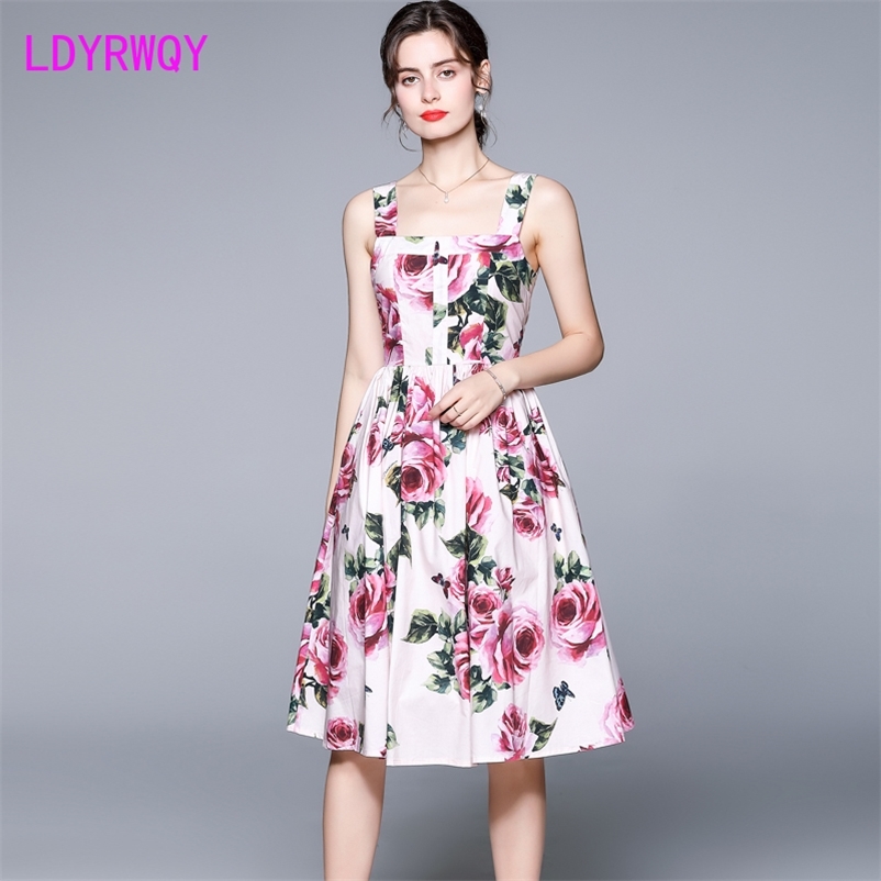 

LDYRWQY Temperament Sexy Sling Square Neck Printed Slim Beach Dress Polyester 210603, Photo color
