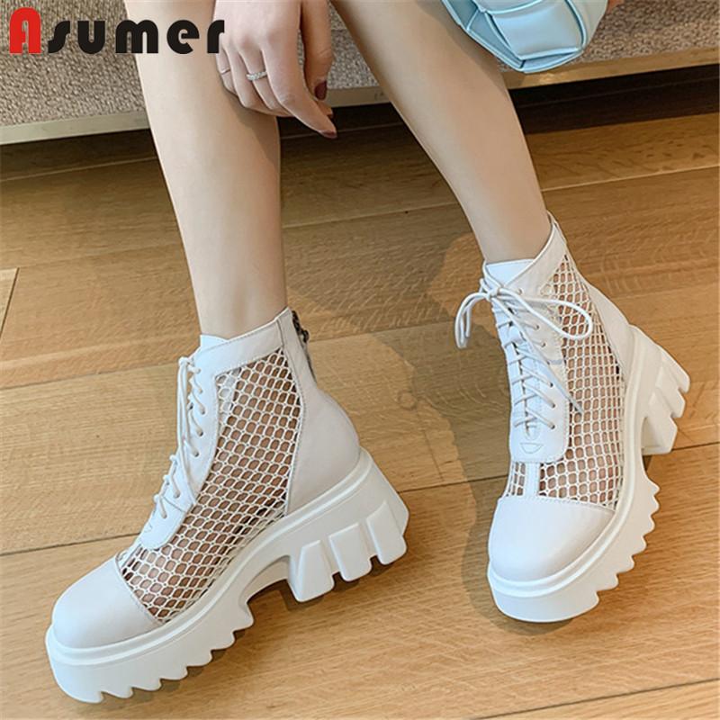 

Boots Asumer 2021 Top Quality Genuine Leather Platform Shoes Women Ankle Round Toe Lace Up Fashion Punk Mesh, Black