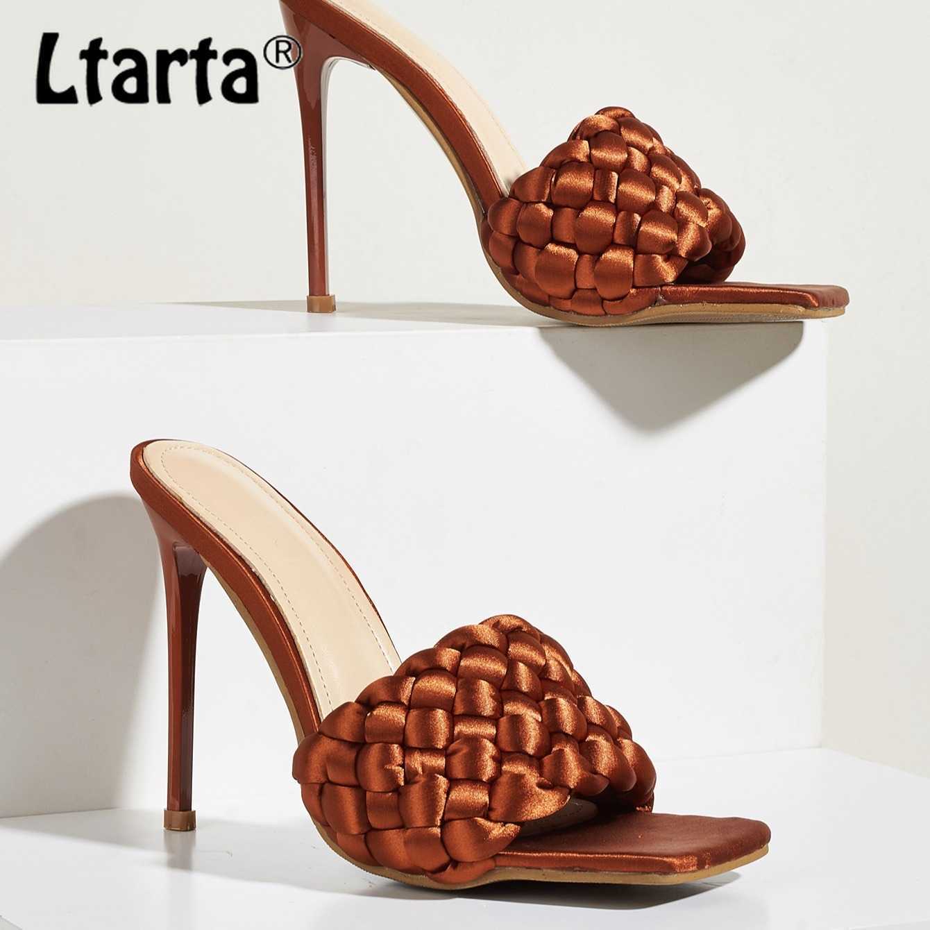 

LTARTA Plus Size Women's Shoes 2021 Summer Fashion Square Toe Woven High Heels Stiletto Open Toe Sandalsjavascript: JXQ Y0721, Brown