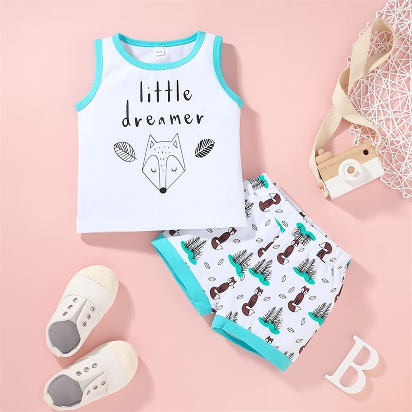 

Summer Children Sets Casual Sleeveless O Neck Letter Tops Patchwork Print Shorts 2Pcs Girls Boys Clothes Set 0-2T 210629, White