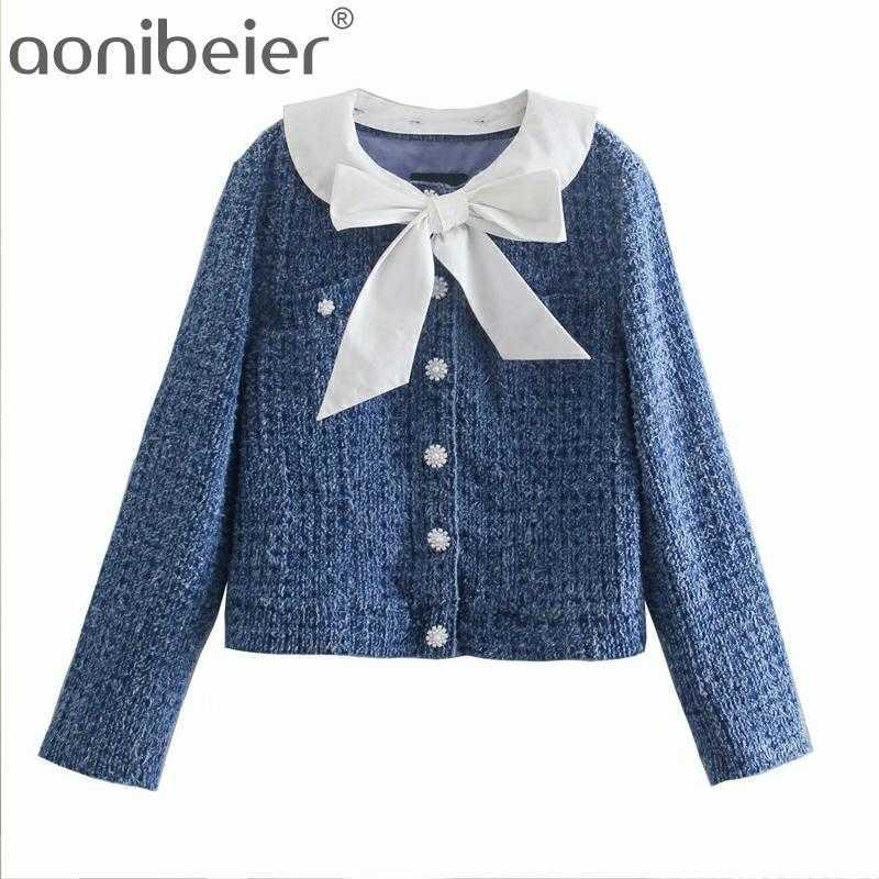 

Fashion Two Piece Set Tweed Jacket With Bow Suits Buttons High Eaist Skirt Office Ladies Blue Outfits 210604