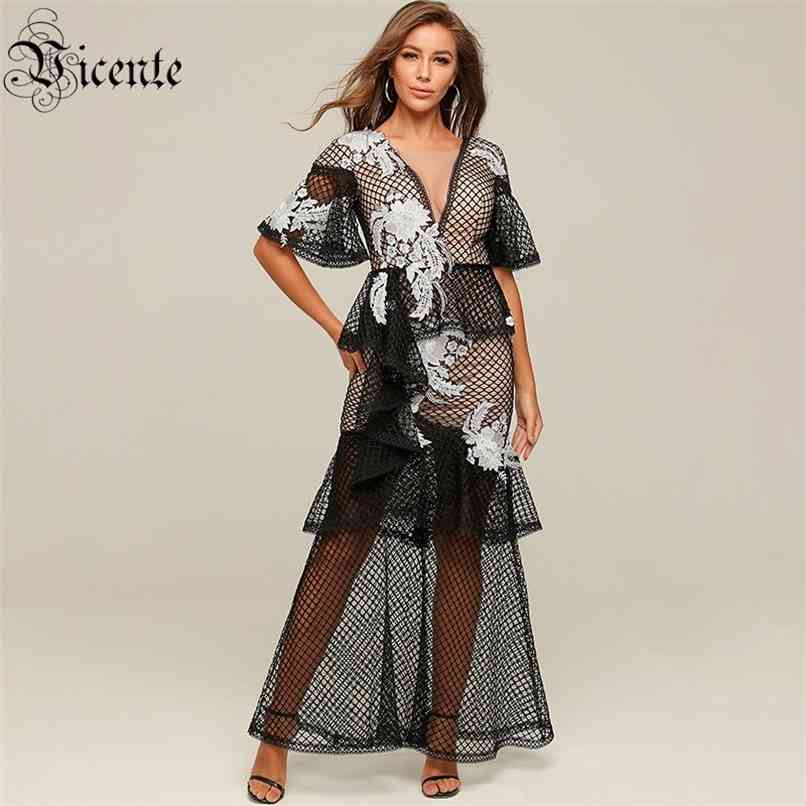 

Free Women Sexy Fish Net Black Dress Cascading Ruffles Appliques Vestidos Celebrity Christmas Party Maxi 210520