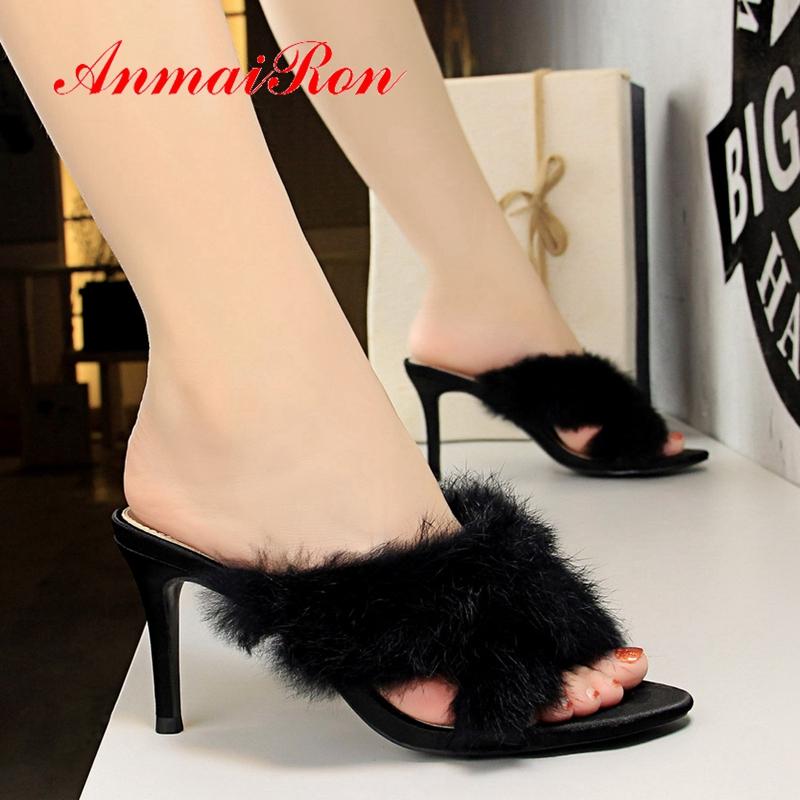 

Slippers ANMAIRON 2021 Horsehair Women High Heel Solid Spring/Autumn Outside Shoes Woman Size 34-40 LY1899, Black