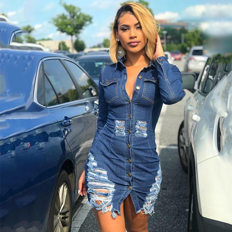 

Casual Dresses BKLD 2021 Hollow Out Holes Jeans Dress Womens Turn Down Collar Sexy Single-breasted Long Sleeve Denim Mini Night Party, Black