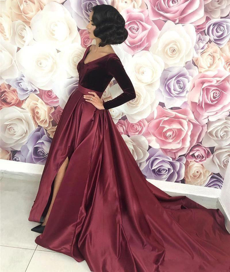 Long Sleeves Split Prom Dresses Deep V Neck Velvet Court Train Corset Back Satin Formal Evening Gowns Special Occasions-image-707443674
