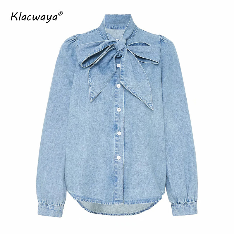 

Women Fashion Vintage Stylish Office Wear Denim Blouses Tie Lapel Long Sleeve Female Shirts Blusas Chic Tops 210521, Blue