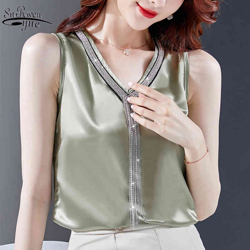 

Fashion V-neck Stain Vests Sexy Sleeveless Tops Women Blusas Mujer De Moda Streetwear Casual Thin Tank Top 9561 210521, Green