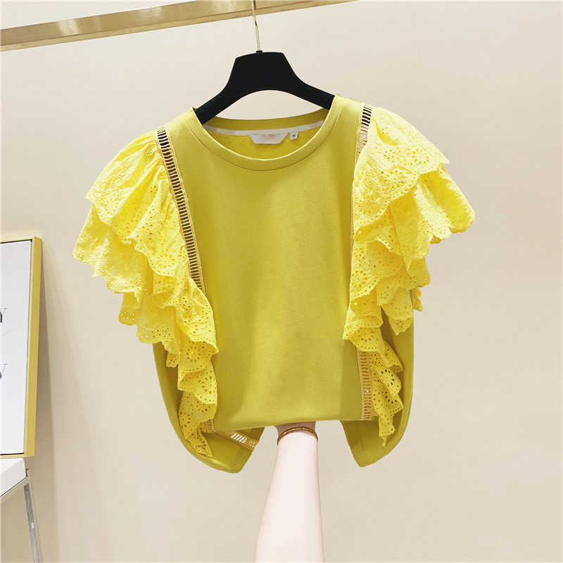 

Lace Ruffled Cotton Short Sleeve T-shirt Female Summer Korean Style Women T Shirts Solid Color Clothing 210615, Yellow