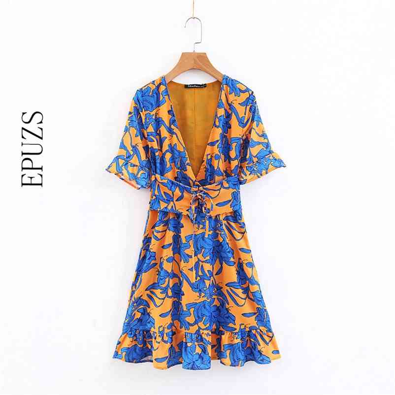 

Summer dress vintage short sleeve mini beach elegant sashes floral korean vestidos boho ladies es 210521, Blue