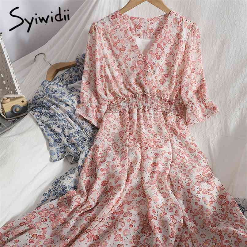 

Floral Print Folds Elastic High Waist Dresses Women Puff Sleeve V-Neck A-line Clothing Summer Korean Fashion 210607, Pink
