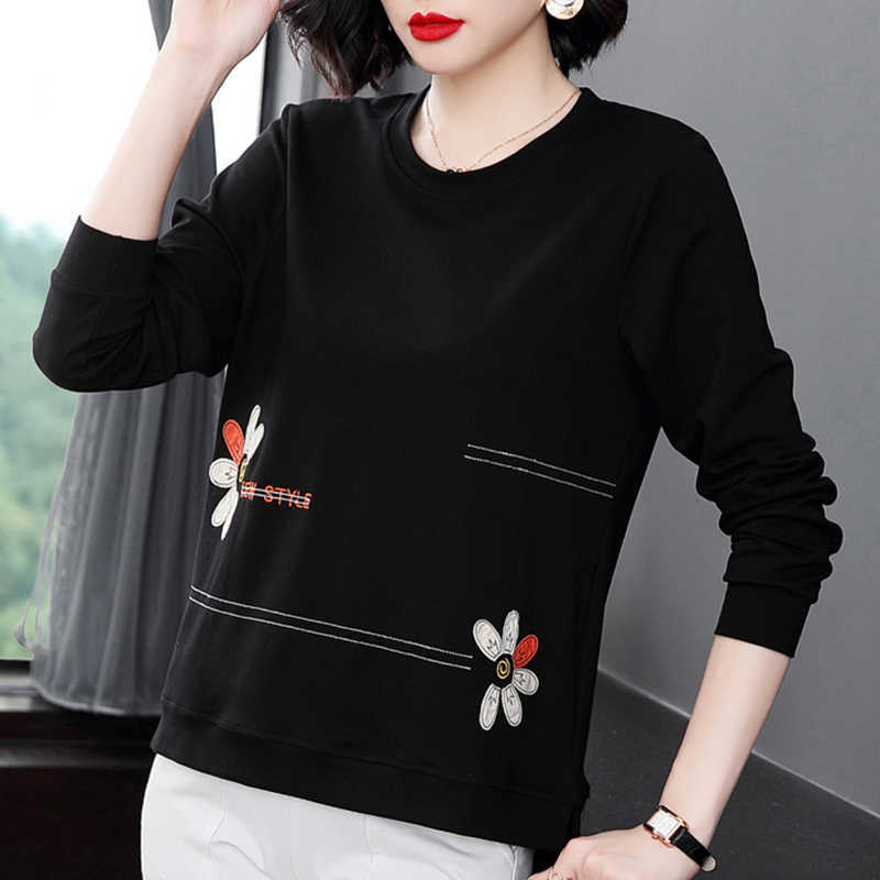 

Shintimes Floral Letter Embroidery Long Sleeve T Shirt Women Spring Plus Size T- Loose Clothes Cotton Tee Femme 210615, Black