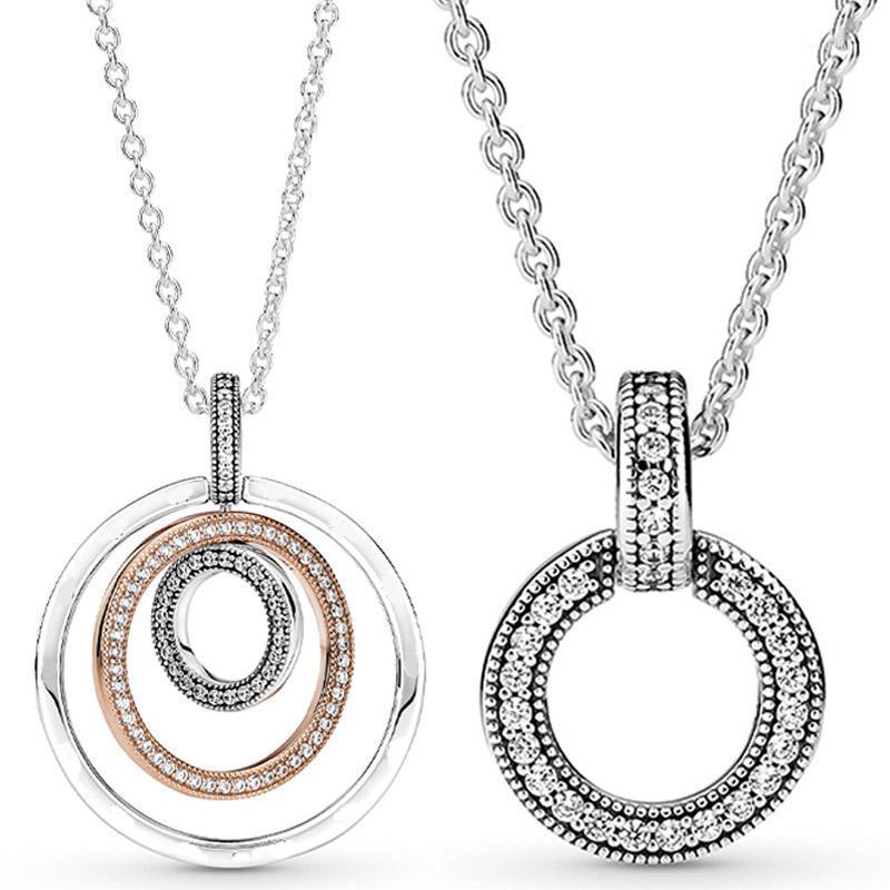 

Chains 100% 925 Sterling Silver Double Two-tone Circles With Crystal Pendant & Necklace Fit Fashion Bead Charm Trendy DIY Jewelry