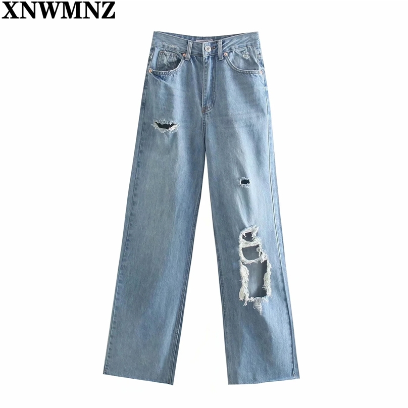 

Wome Fashion wide-leg Ripped Jeans Female Chic high-waisted pockts button zip fly full-length pants Lady trousers 210520, Blue