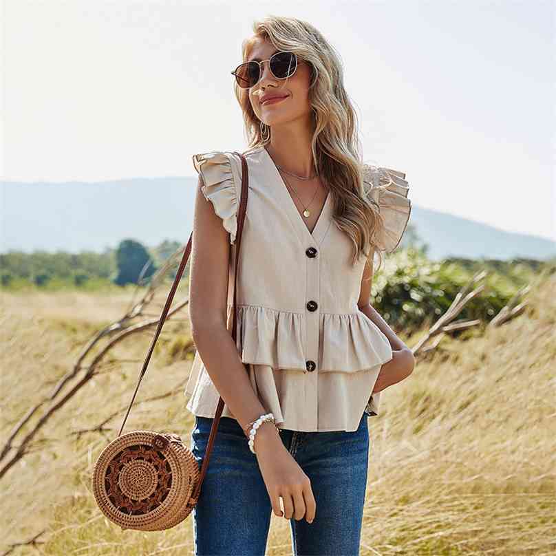 

Women' T-Shirt Summer Style Solid Color Casual Single-Breasted Shirts Sleeveless V-Neck Fashion Ruffled Tops 210720, Top