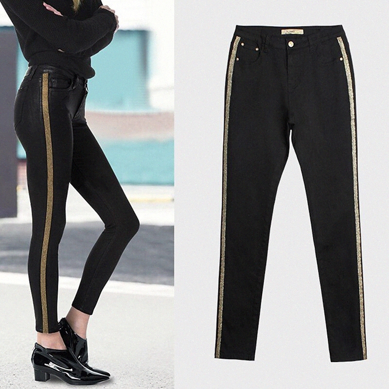 Mode Femme Skinny Jeans Stripe Stripe Pantalon Pantalon Pantalon Casual Week-end Micro-élastique Stripe Confort Mid-Taille Noir S m L XL XXL A0GW