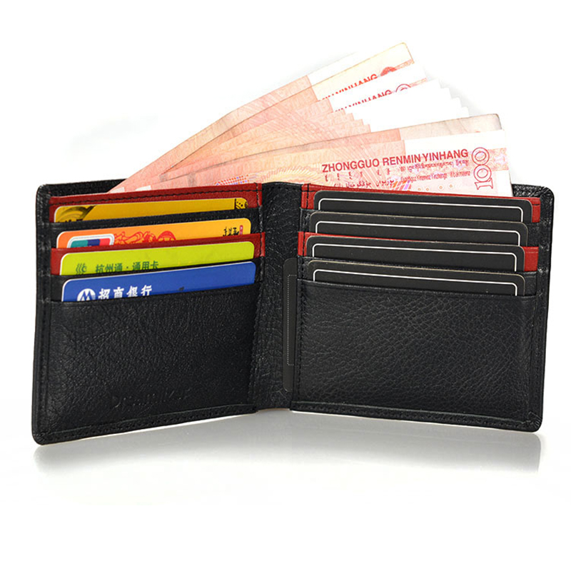 

Men Top Cowhide Leather Ultral Thin Bifold Leather Short Card Holder Pocket Money Wallets, Black