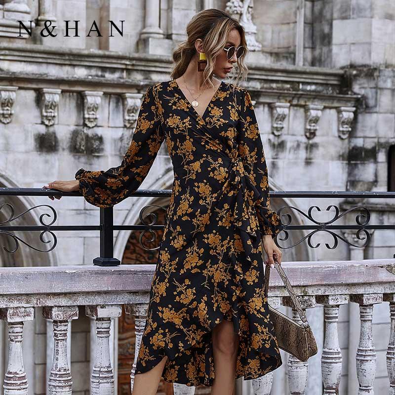 

Autumn Winter Ladies Dresses Vintage Floral Printed Ruffles Deep V Neck Long Sleeve Wrap Dress Women's Clothing Casual, Black;gray
