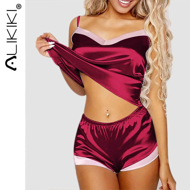 

2pcs Pajama Set Women Satin Silk Pyjamas Sexy Sleep Cami Top Shorts Set Homesuit Lingerie Sleepwear Q0706, Black